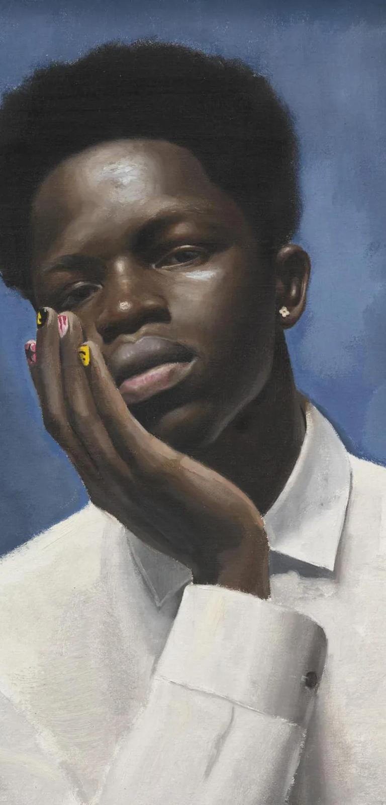 Painted portrait of a young black man from the chest up, chin resting on one hand, looking at the viewer, against a blue background.