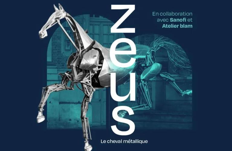 Zeus, the metallic horse sculpture from the 2024 Paris Olympics opening ceremony, on display at the Musée des Arts et Métiers