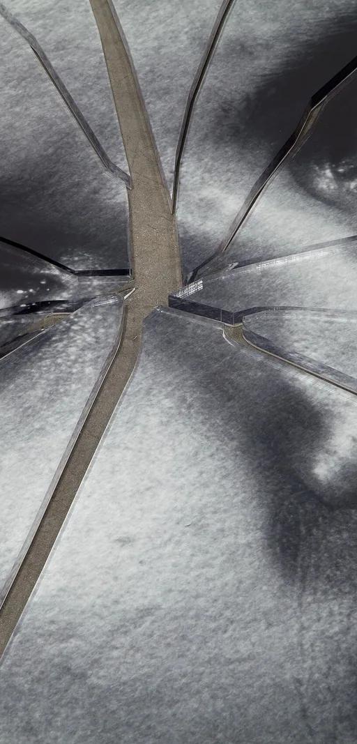 A detail shot of a black-and-white image of a person's face printed on plexiglas that has been shattered in the center.