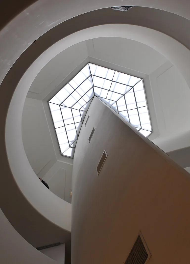 View up the spiral ramp inside Frank Lloyd Wright's rotunda at the Guggenheim Museum