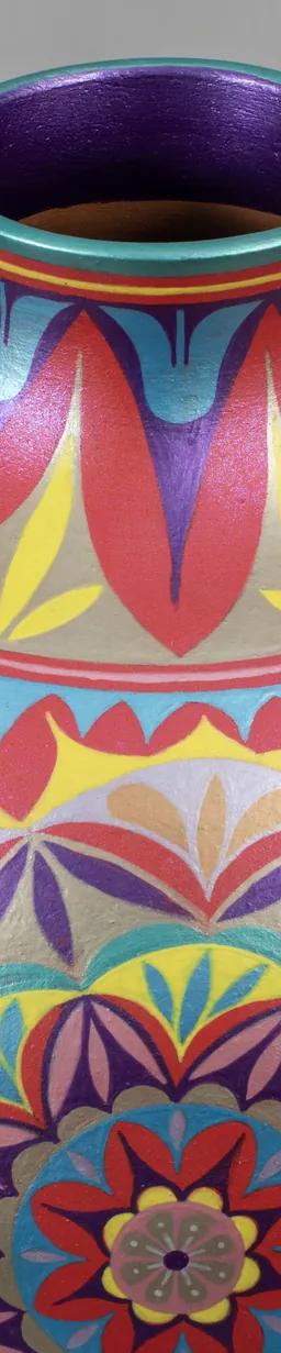 A round ceramic vase with a short neck decorated with intricate geometric and floral patterns painted in red, pink, blue, yellow, and purple.