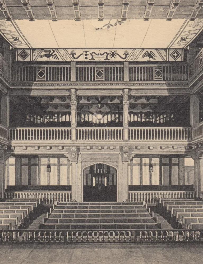The Elizabethan Theatre at the Folger Shakespeare Library, showing its tiered wooden balconies and half-timbered facade