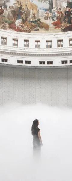 Fujiko Nakaya fog sculpture filling the domed Rotunda of the Bourse de Commerce with mist