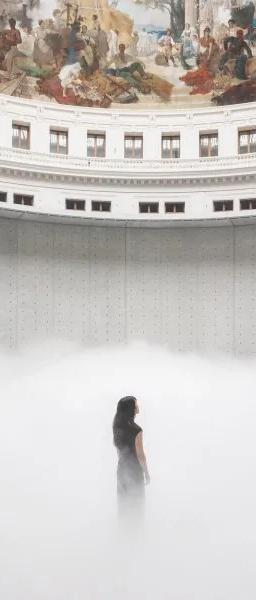 Fujiko Nakaya fog sculpture filling the domed Rotunda of the Bourse de Commerce with mist