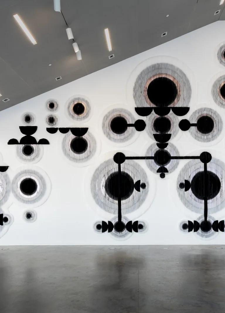 Installation view of Caroline Monnet: Man-made Land on the Fineberg Art Wall at the ICA Boston