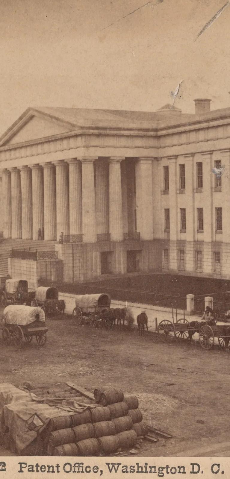 Early photograph of the neoclassical Patent Office Building used as the exhibition's key image