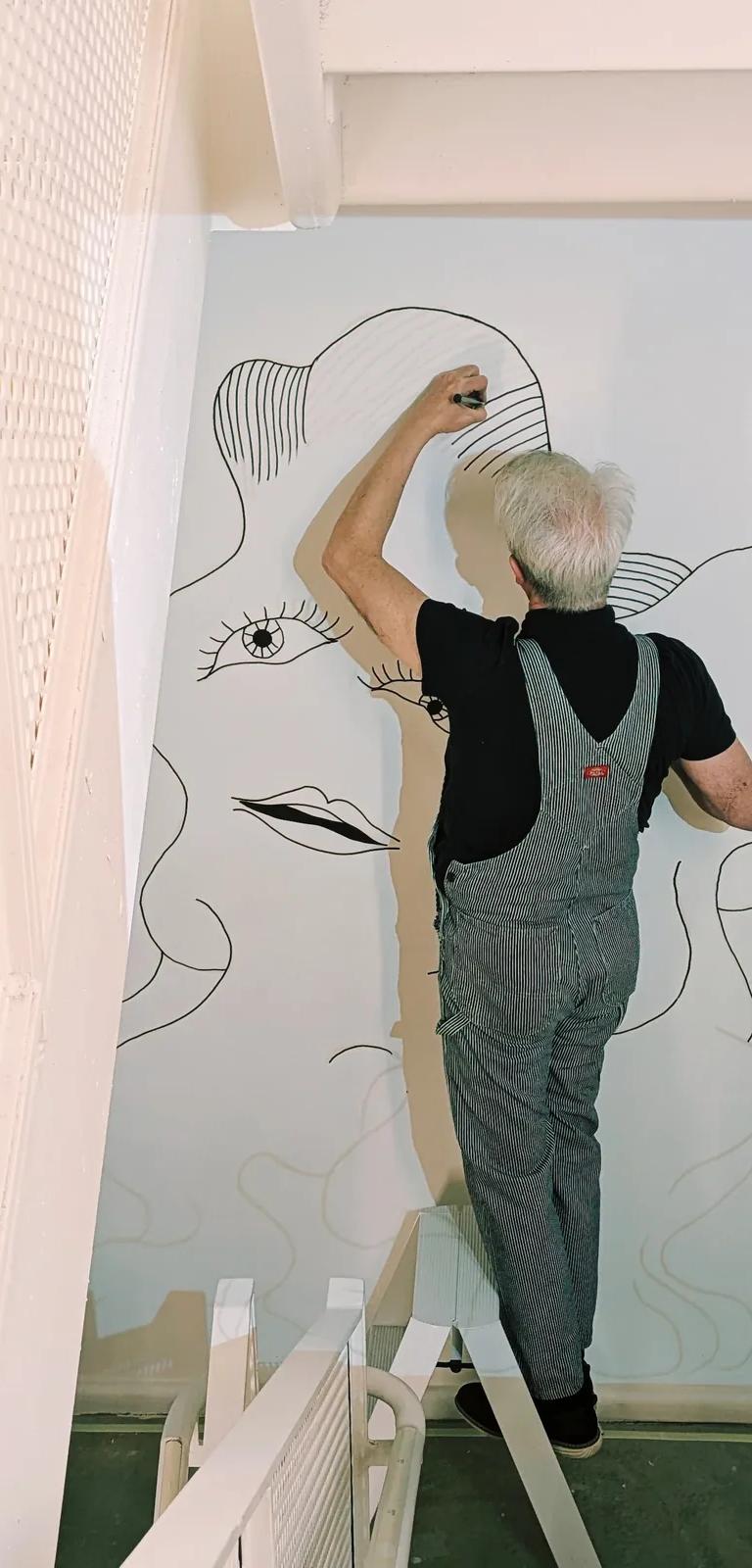 A David Byrne stairwell drawing installed at Pace Gallery, New York