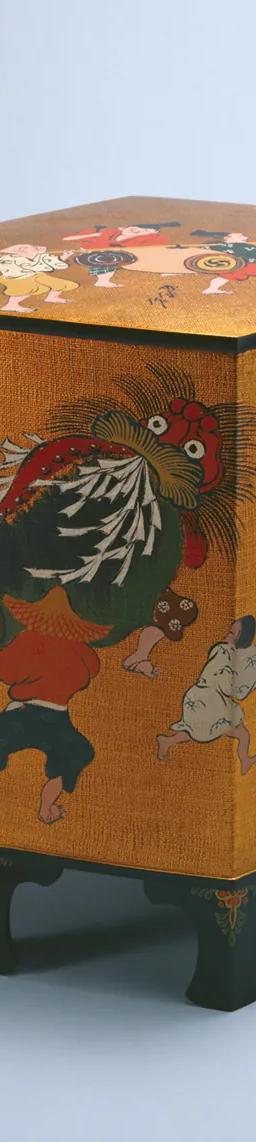 Kamisaka Sekka, Ornamental Box with Lacquered Drawings of Men Performing a Ceremony, Taisho period