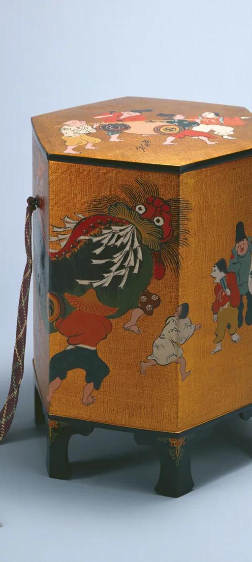 Kamisaka Sekka, Ornamental Box with Lacquered Drawings of Men Performing a Ceremony, Taisho period