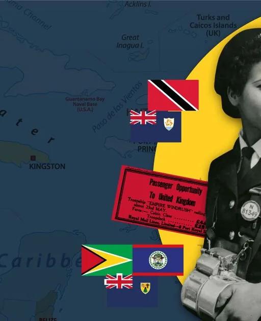 Montage of Caribbean maps, flags and people