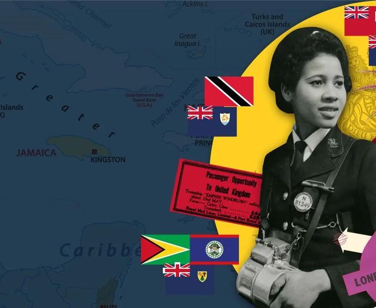 Montage of Caribbean maps, flags and people