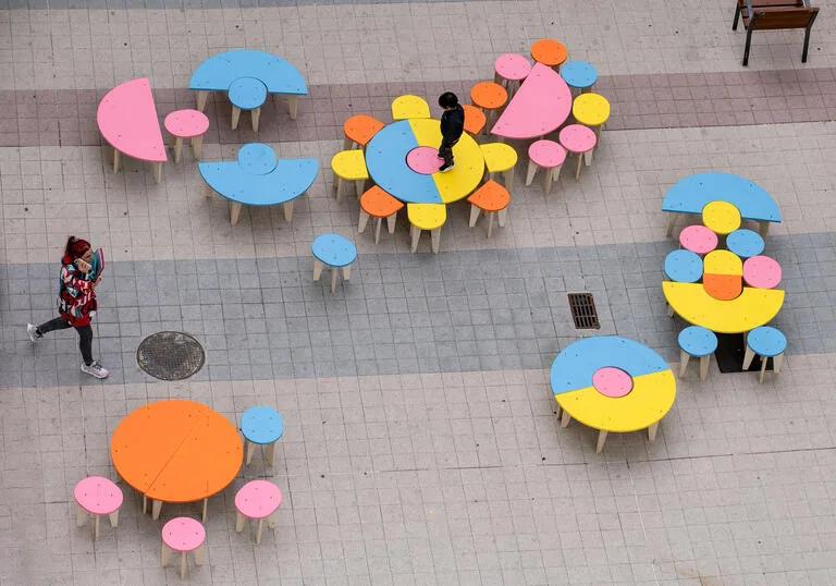 Colourful modular plywood furniture installation by Päivi Raivio at the Barbican