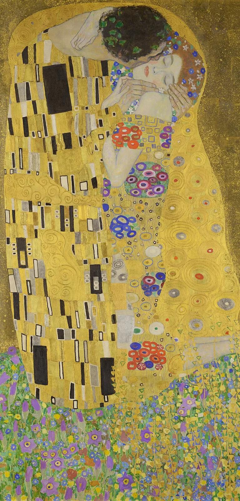 Gustav Klimt, The Kiss (Lovers), 1908/09, a couple embracing in gold robes on a flowered meadow