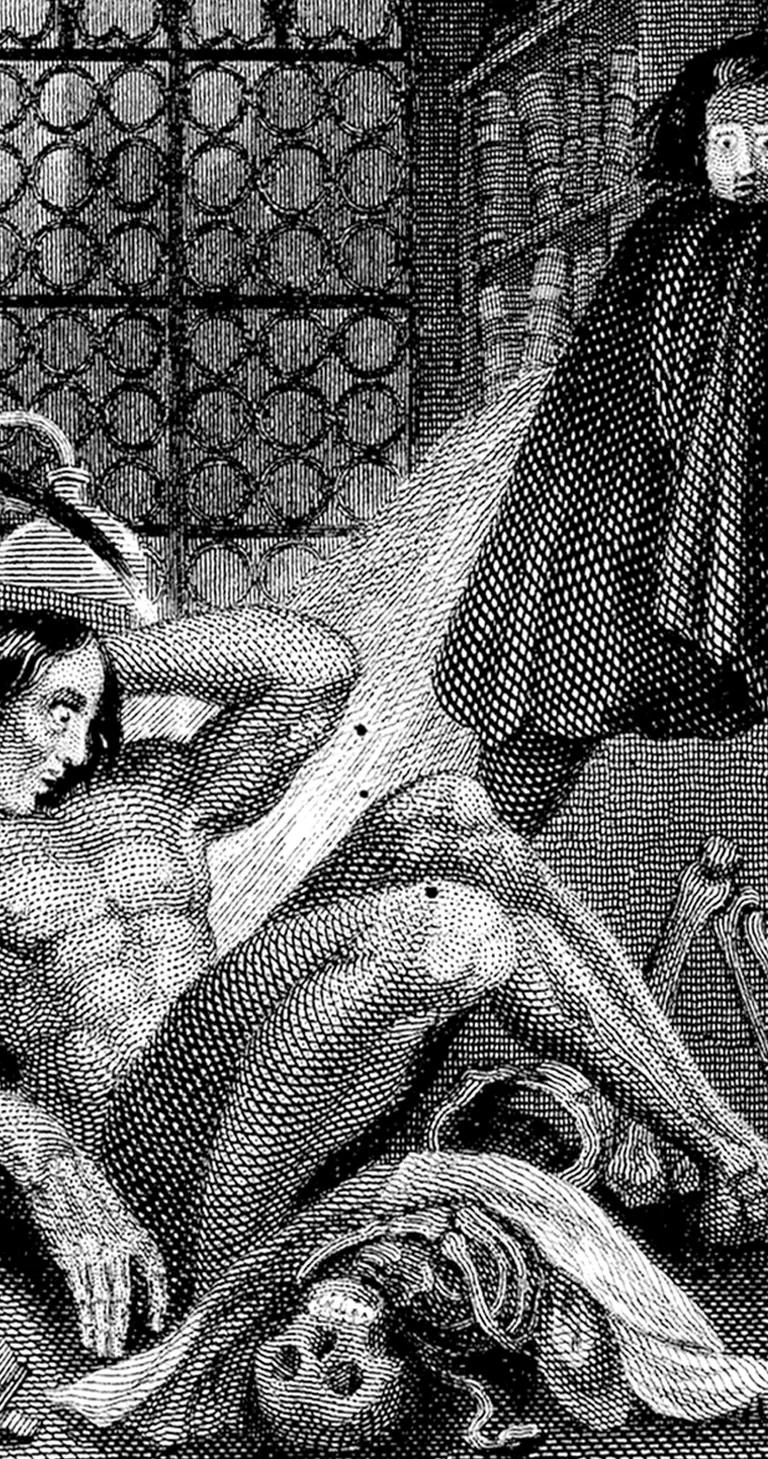 Black and white etching of a caped figure escaping through a doorway as an unclothed figure sits on the floor beside an open book and a skeleton