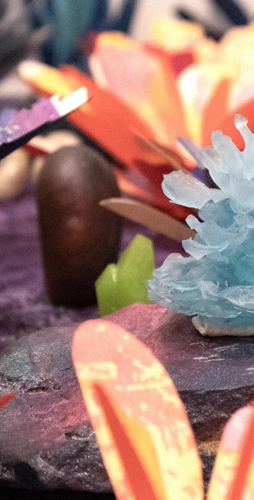 A close-up of a small, light blue crystal formation displayed on a rock, surrounded by colorful, paper-like flower shapes and decorations on a purple textured surface.