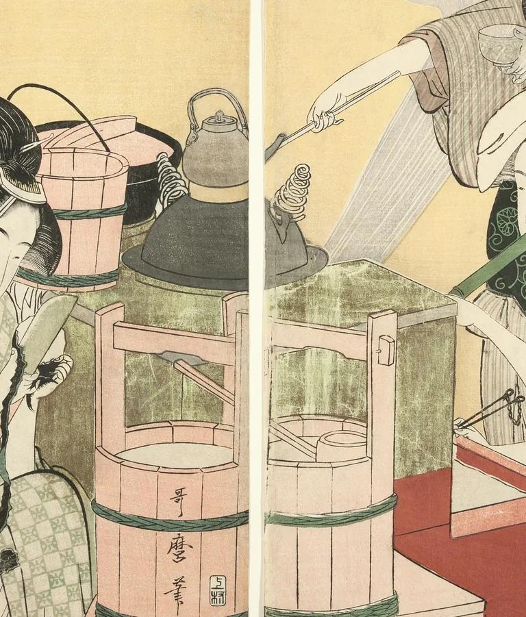 A woodblock print by Kitagawa Utamaro shown in Utamaro: Elements of Beauty