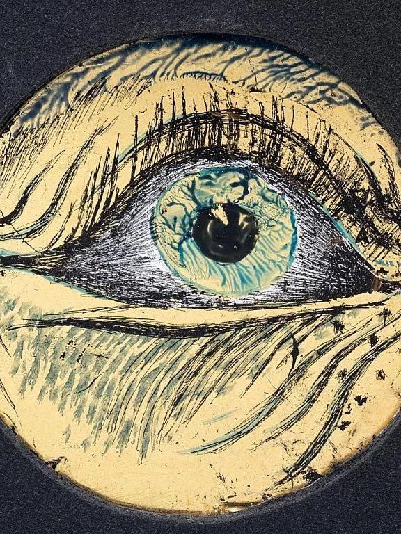Eye motif key visual for the Liminal Spaces reverse-glass painting exhibition