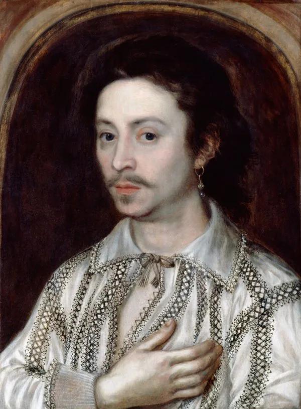 Portrait of a man wearing a white silk shirt with intricate black patterns, shoulder-length dark hair, and a hanging pearl earring