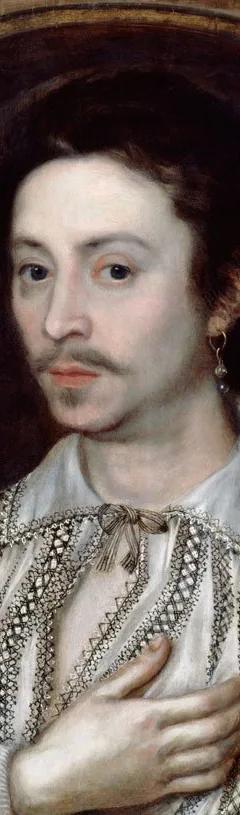 Portrait of a man wearing a white silk shirt with intricate black patterns, shoulder-length dark hair, and a hanging pearl earring