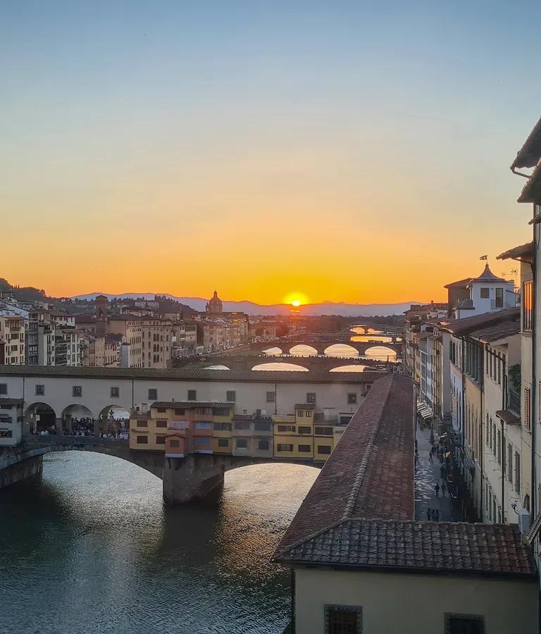 Ponte Vecchio bridge over the Arno at night, along the route of the Vasari Corridor in Florence
