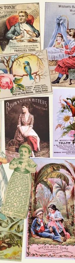 A scrapbook-style collage of medical trade ephemera, showcasing colorful illustrations of medical advertisements