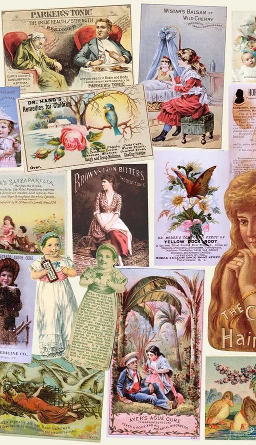 A scrapbook-style collage of medical trade ephemera, showcasing colorful illustrations of medical advertisements