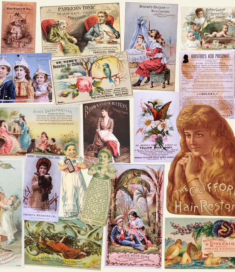 A scrapbook-style collage of medical trade ephemera, showcasing colorful illustrations of medical advertisements