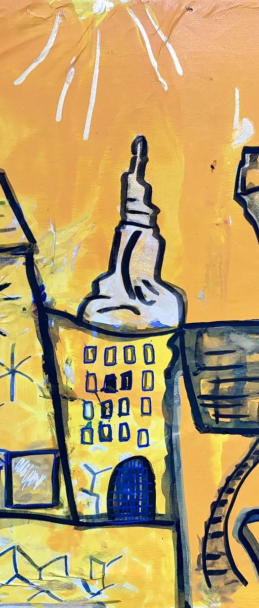 Colourful drawing of Edinburgh's Old Town in shades of yellow, orange and blue
