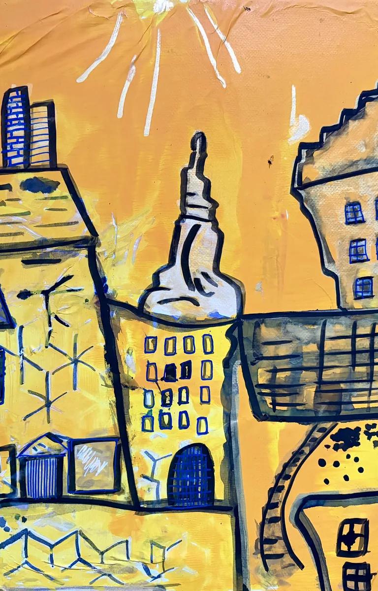Colourful drawing of Edinburgh's Old Town in shades of yellow, orange and blue