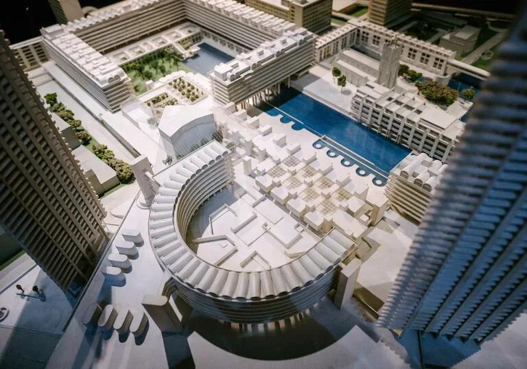 Archive display with the 1:22-scale model of the Barbican Centre and Estate