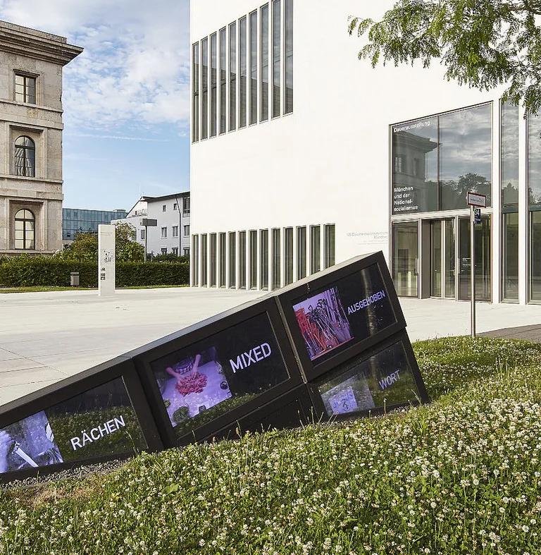 Brienner 45 media installation, an outdoor film collage at the NS Documentation Centre Munich