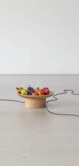 Yuko Mohri kinetic sculpture installation incorporating fruit, speakers and cables