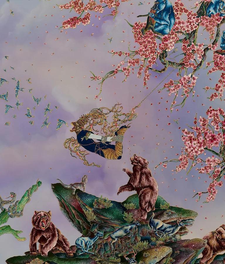Detail of a panel from Raqib Shaw's monumental painting Paradise Lost
