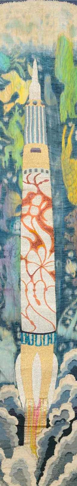 Yamaga Seika, Hand-Woven Brocade Wall Hanging: Constellations, Moon, Rocket (1958)