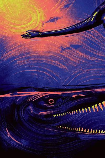 Illustration of giant Jurassic marine reptiles for the Jurassic Oceans: Monsters of the Deep exhibition