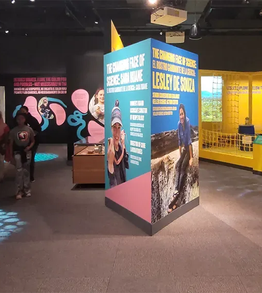 Museum exhibitions featuring two scientists. On the left is a desk and bookshelves, with multimedia panels. On the right, a large video screen and a canoe.