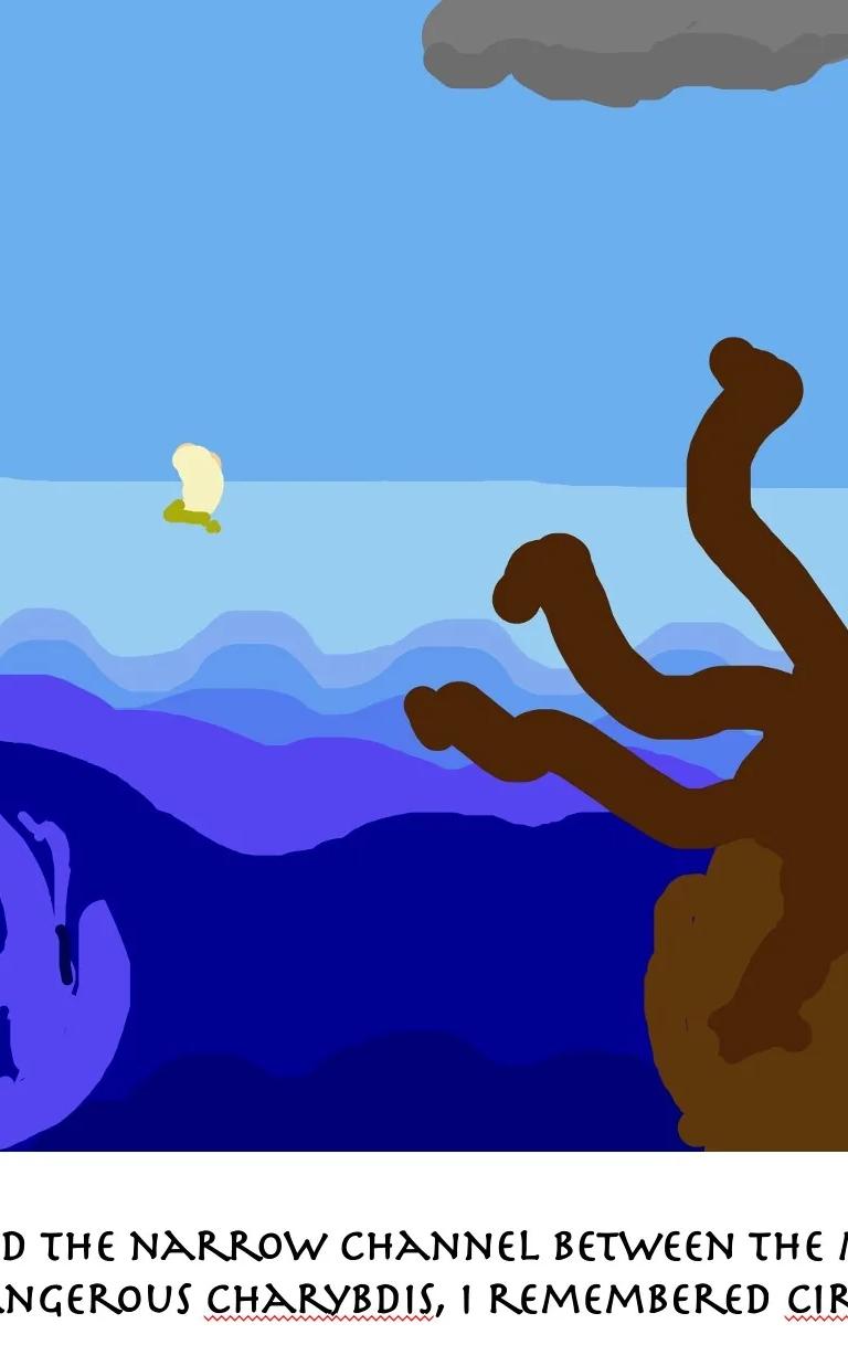 Scylla and Charybdis, a panel from Mary Garrard's digital graphic narrative The Odyssey by Homer (So They Say)