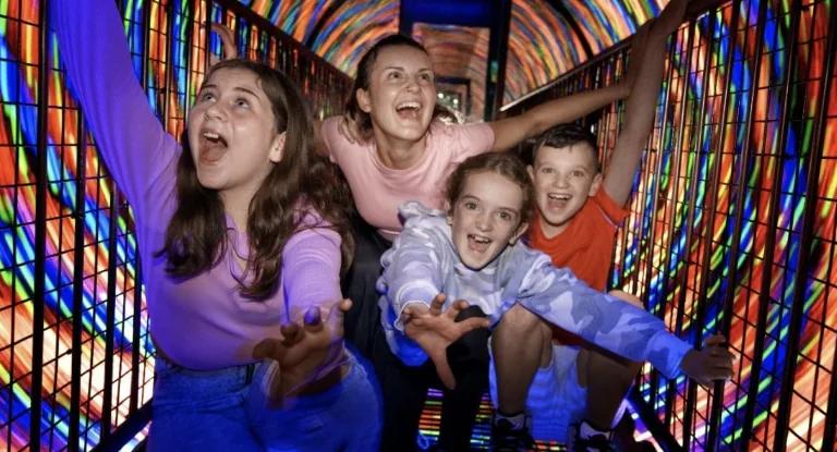 Visitors in the Mirror Maze and Vortex Tunnel on the Bewilderworld floor