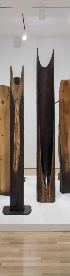 Installation view of Kenzi Shiokava's carved wood totems, Made in L.A. 2016, Hammer Museum