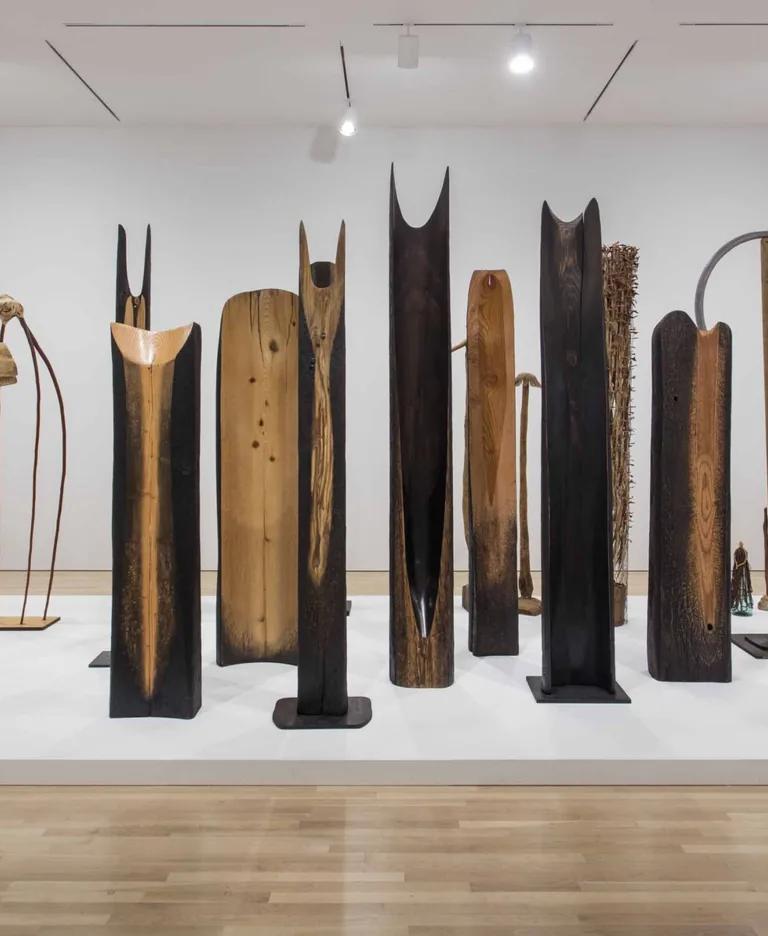 Installation view of Kenzi Shiokava's carved wood totems, Made in L.A. 2016, Hammer Museum