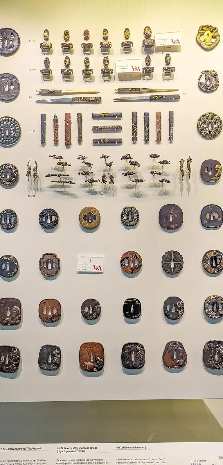 Japanese samurai swords and weapons on display at the Victoria and Albert Museum