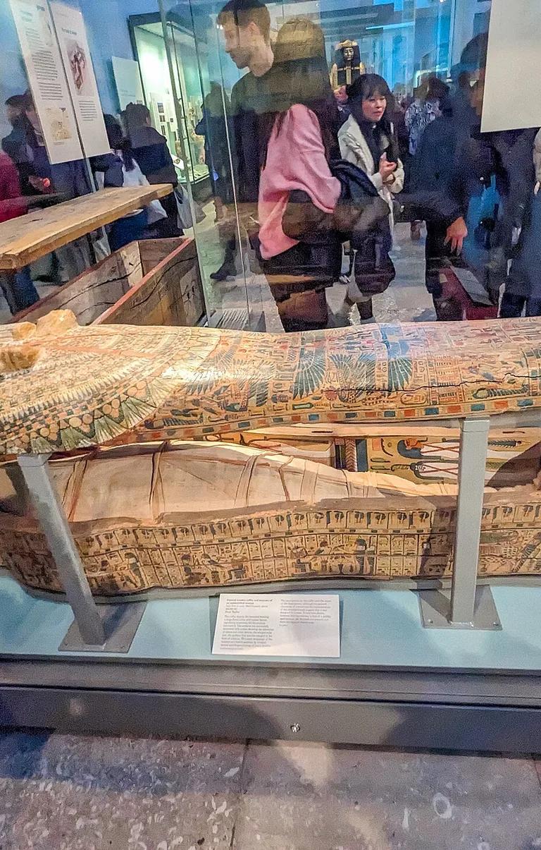 Gilded mummy cases of the Theban priestess Henutmehyt in the British Museum Egyptian galleries
