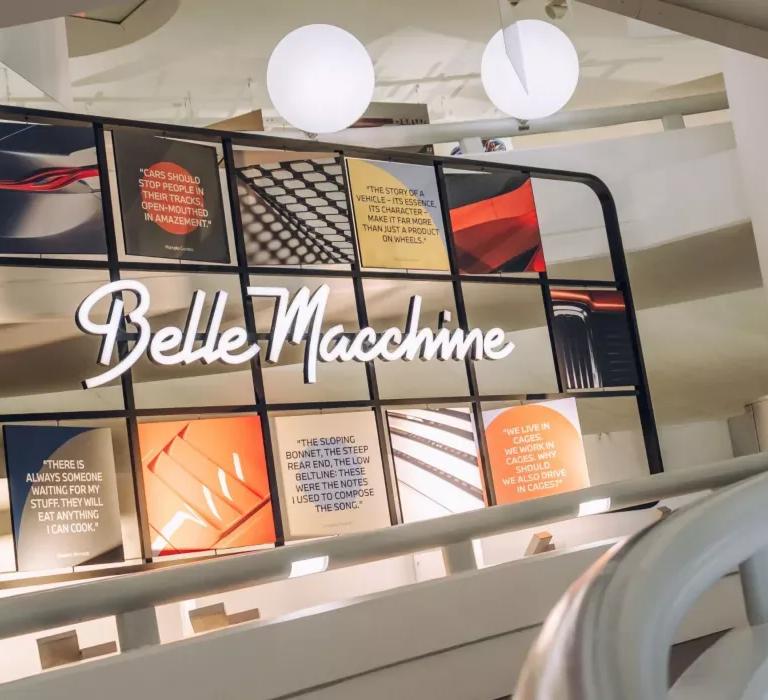 Belle Macchine exhibition header, Italian automotive design at the BMW Museum