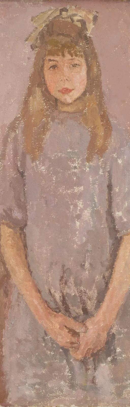 Against a loosely painted purple-pink background, a girl with light skin tone and long light-brown hair stands with her hands clasped, looking directly out at the viewer.