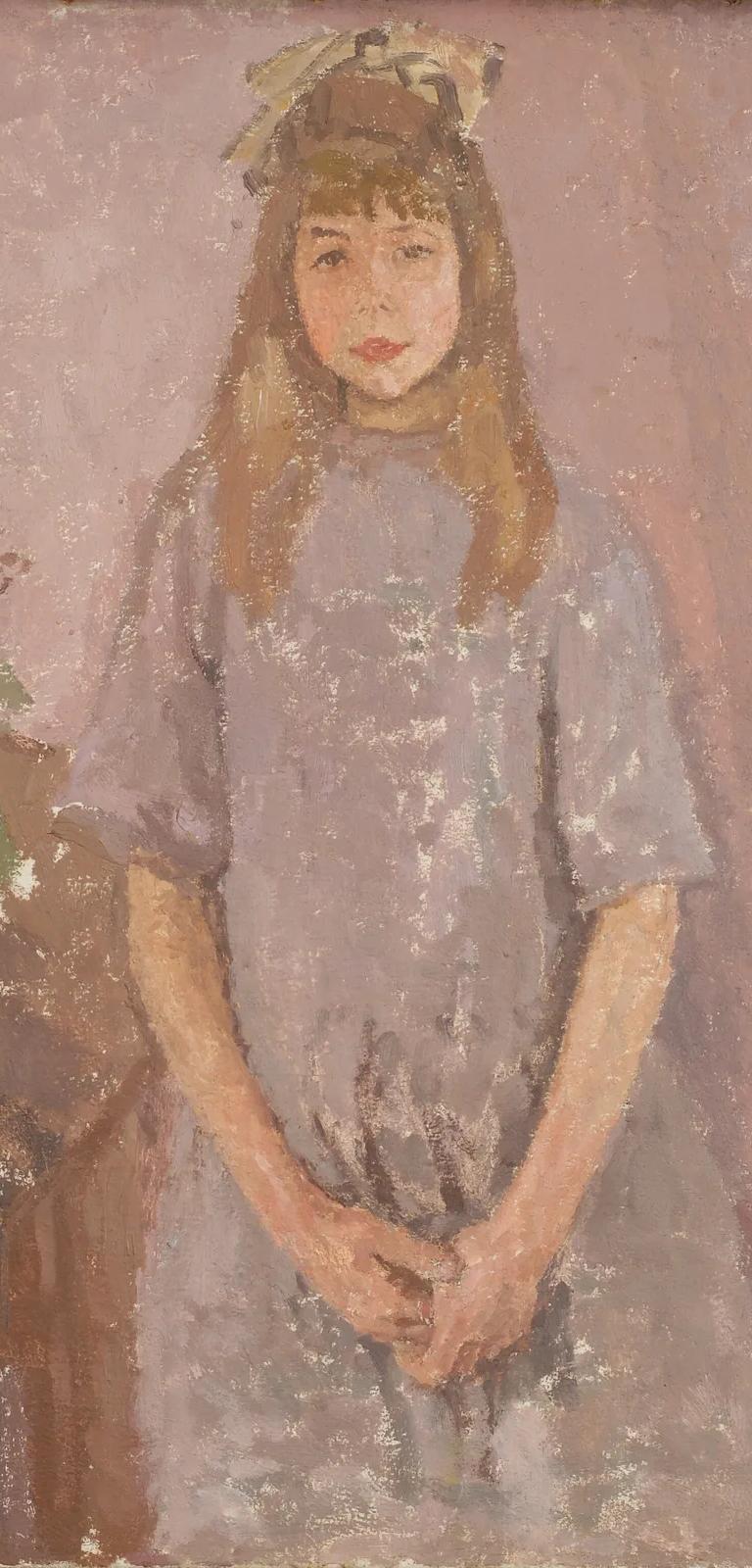 Against a loosely painted purple-pink background, a girl with light skin tone and long light-brown hair stands with her hands clasped, looking directly out at the viewer.