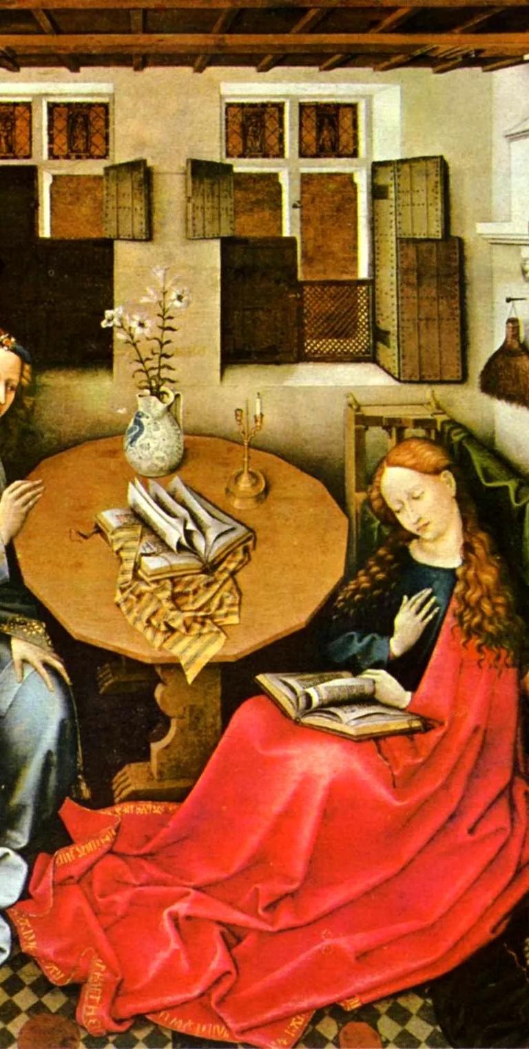 The Mérode Altarpiece, a three-panel oil painting of the Annunciation in a domestic Flemish interior