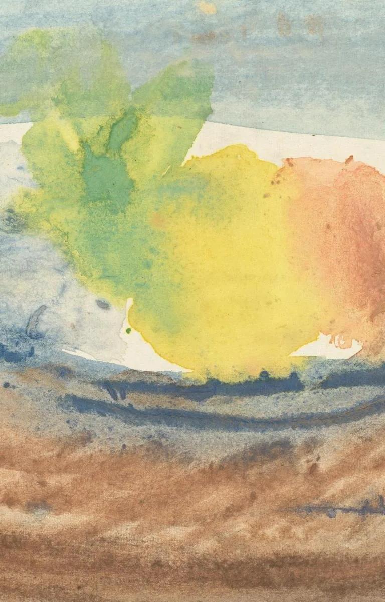 A watercolour painting by Audrey Amiss of a fruit bowl, taken from her sketchbook.