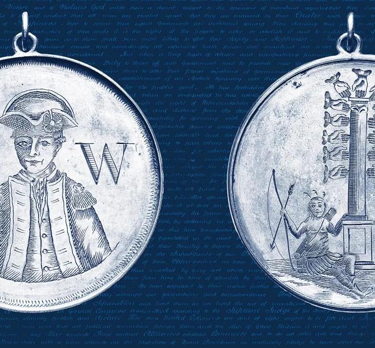 Engraved silver medal showing George Washington in military uniform facing front, with a Native American figure seated beside a column