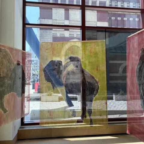 Heard: Herd by Ian Butz, bison painted on translucent PVC fabric at PAFA