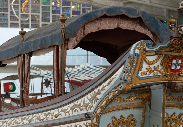Royal barges on display in the Galeotas Pavilion of the Museu de Marinha